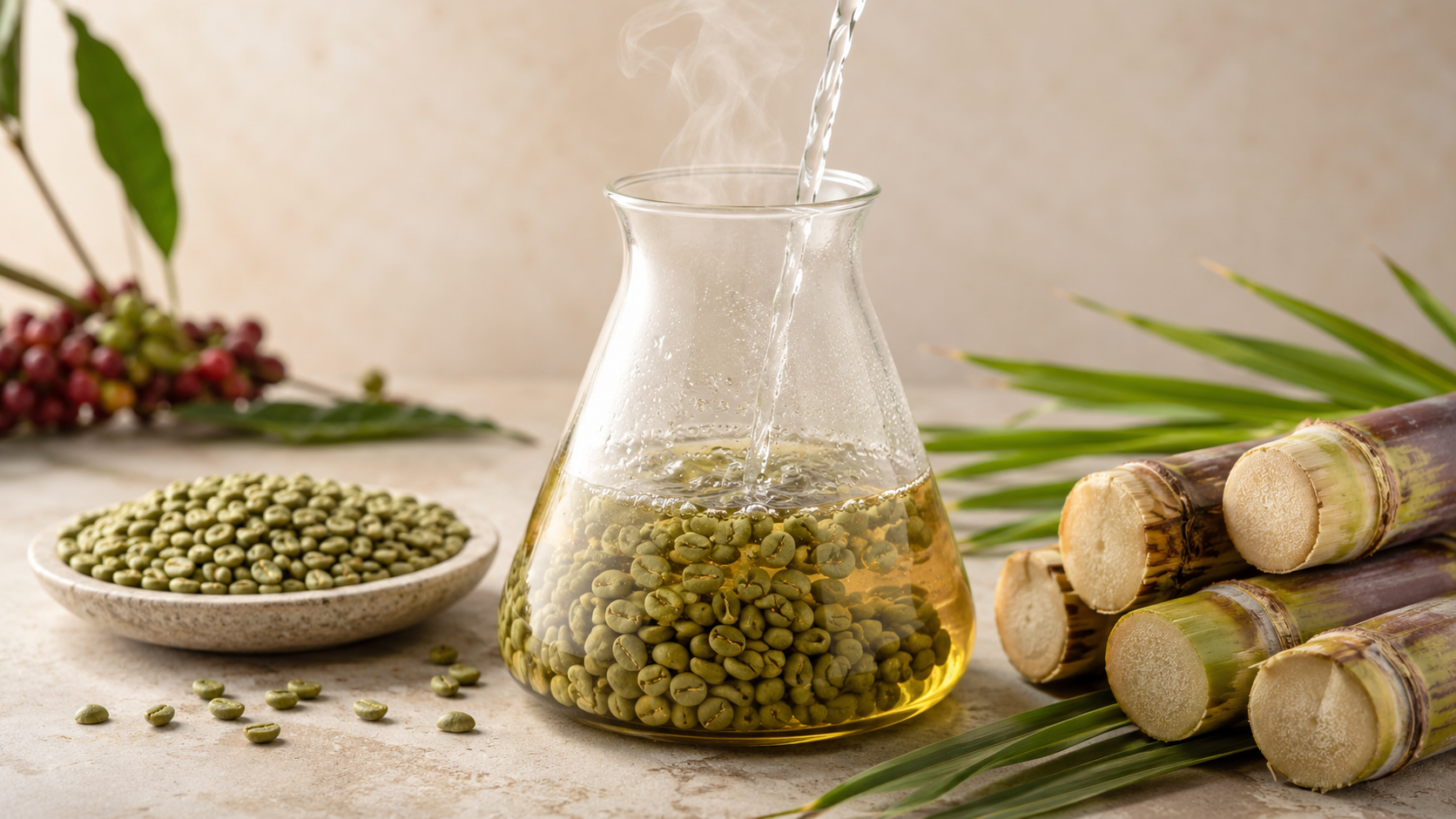 Sugarcane Decaf – zelené kávové zrná a cukrová trstina pri procese odstránenia kofeínu.