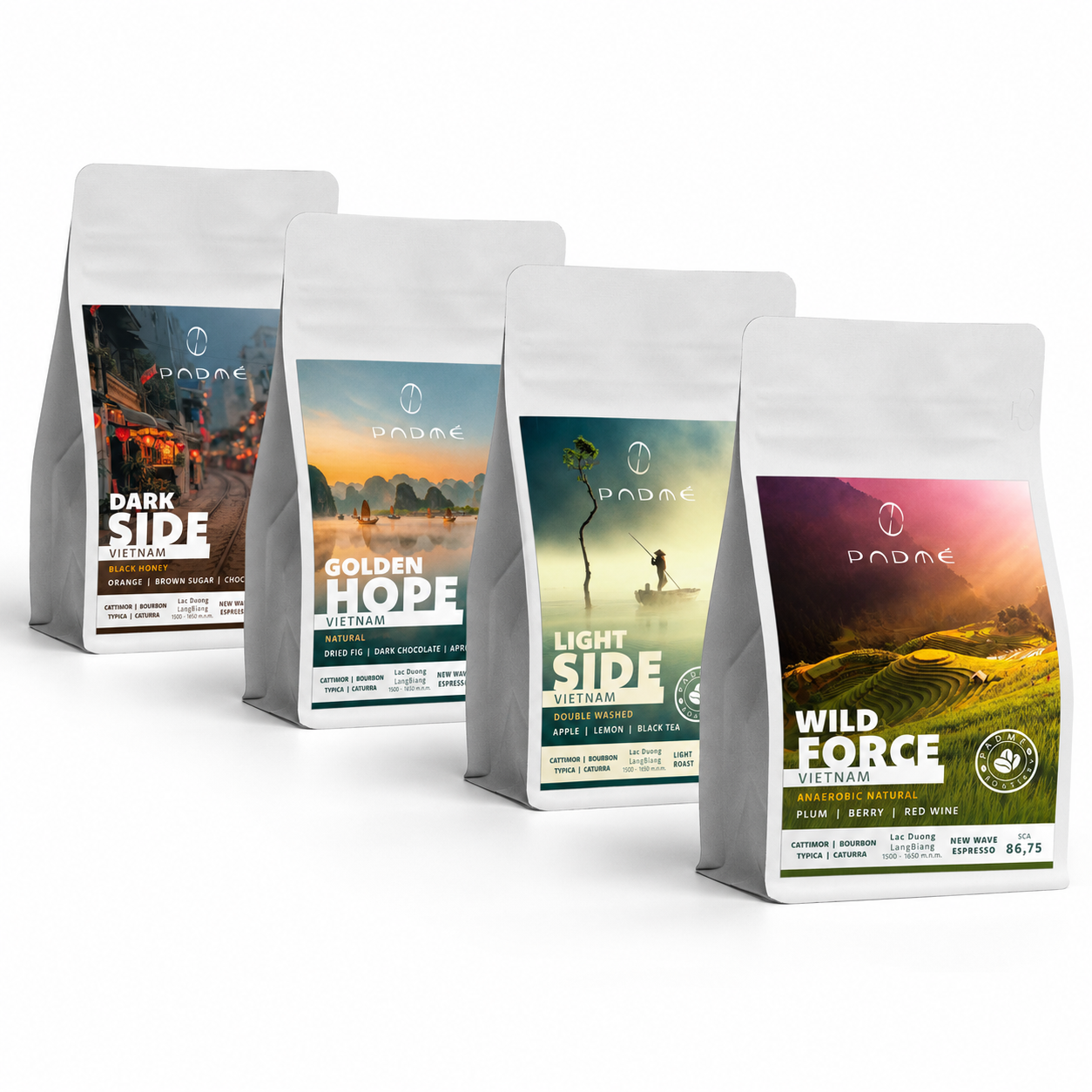 Padmé Four Pack Vietnam – štyri balenia kávy Dark Side, Golden Hope, Light Side a Wild Force, každé 250 g.
